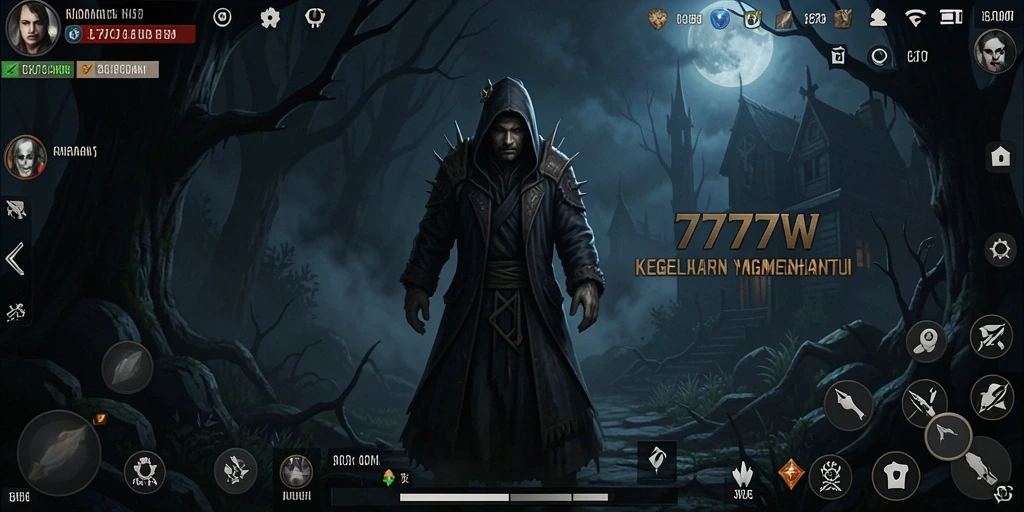 Screenshot utama 7777W yang menunjukkan suasana Horror yang intens.
