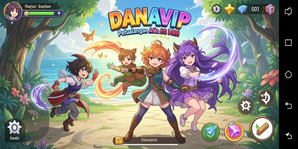 Tampilan utama permainan DANAVIP menampilkan karakter anime yang penuh aksi.