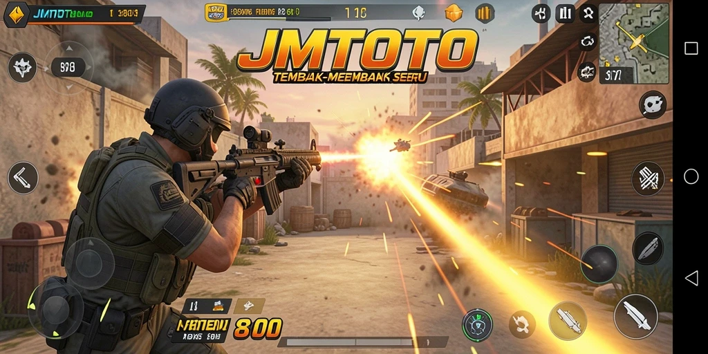 Screenshot gameplay JMTOTO menampilkan aksi tembak-menembak yang mendebarkan.